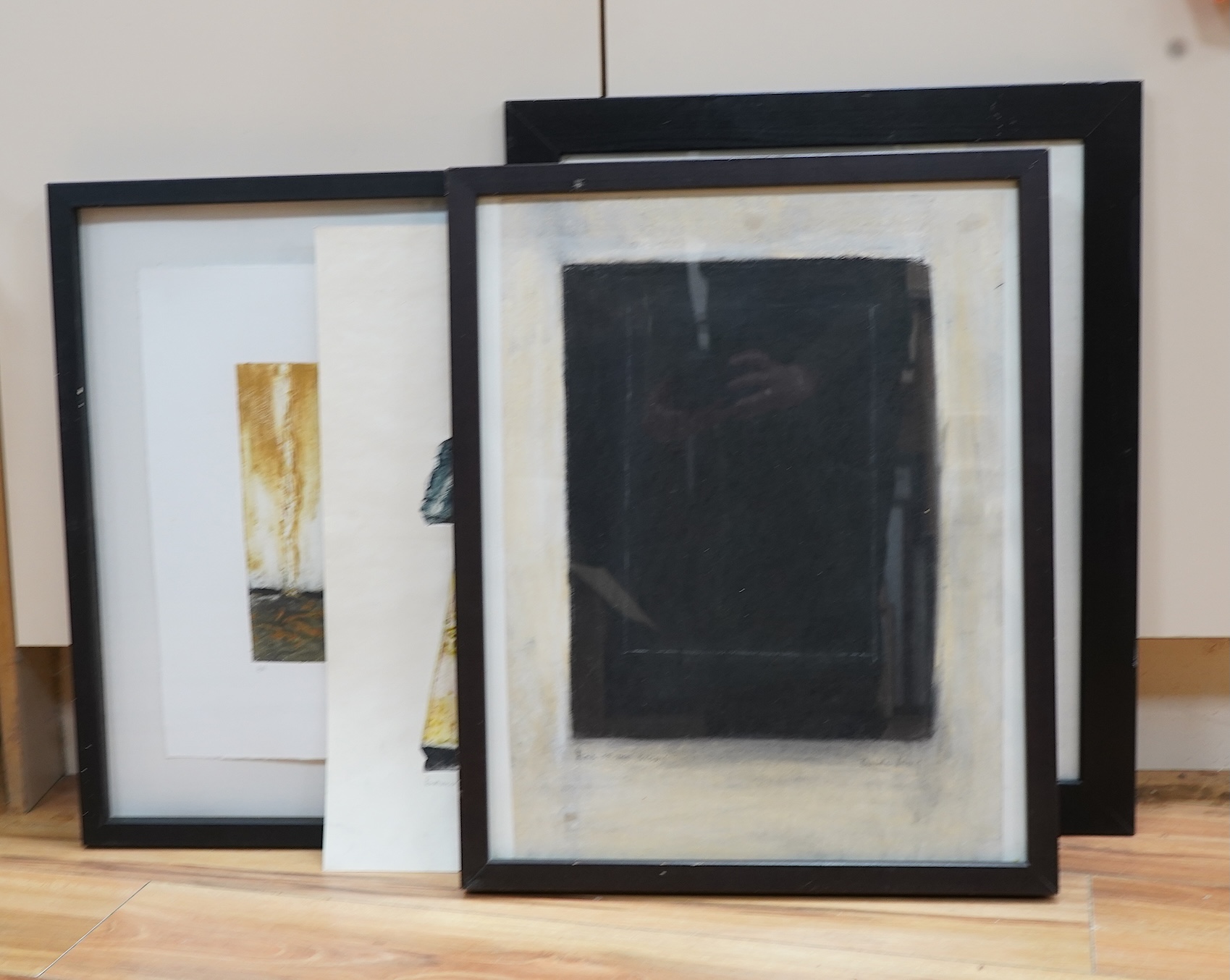 Brenda May (Modern British), a collection of four works to include an abstract charcoal, ‘End of the Story’ and three pencil signed collagraph prints, one titled ‘Pavement Picture’, three framed, largest 49 x 35cm
